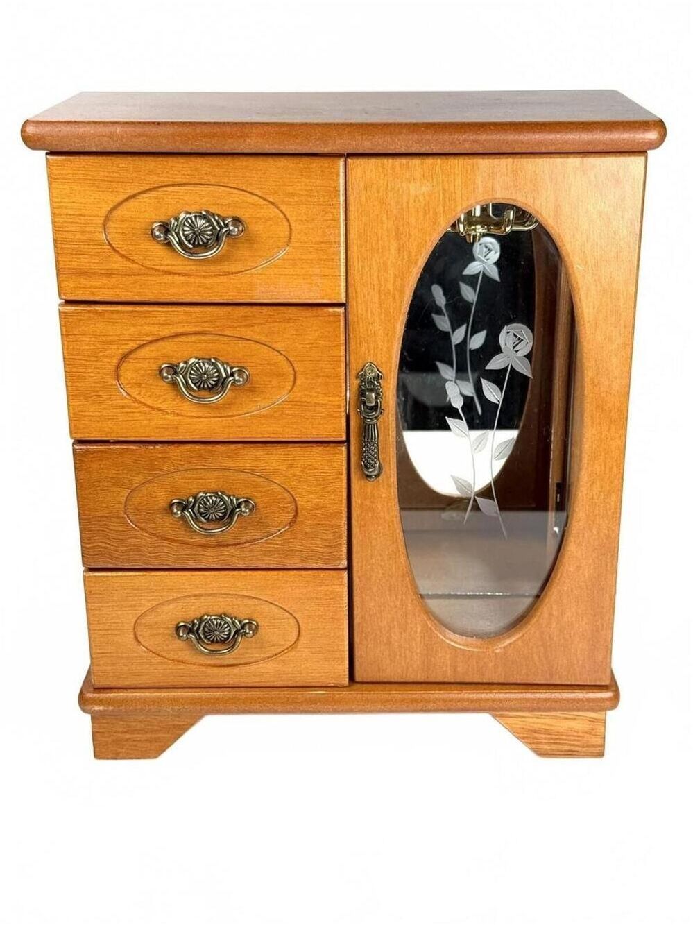Vintage Etched Flowers Glass Jewelry Wood Armoire Box Mirror Rotating Hooks